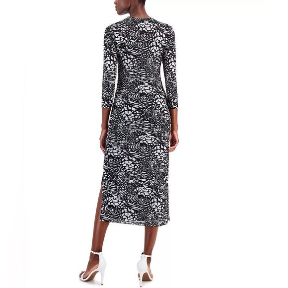 Anne Klein Dress Women’s Large Animal Print Mesh Ruched 3/4 Sleeve Midi NWT - Picture 2 of 11